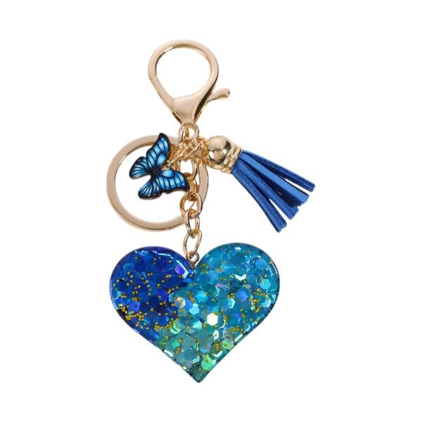 Glitter Heart Keychain with Butterfly Charm & Tassel Accent - Blue & Gold