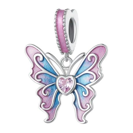 S925 Sterling Silver Butterfly Charm With Crystal Accents - Blue & Pink Image