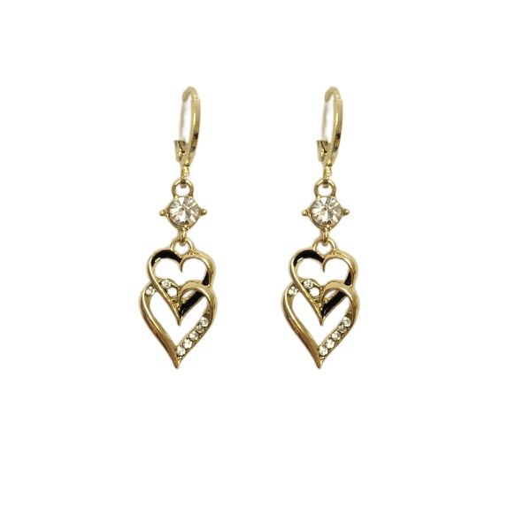 Women 14K Yellow Gold Drop and Dangle Double Heart Earrings