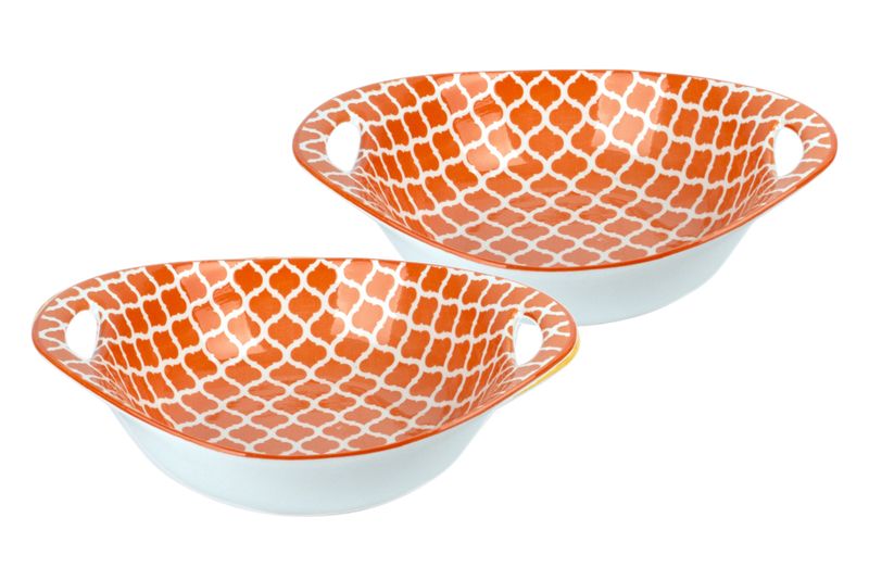 Bowl Oval Flared Orange &amp; White 16x22x6.5 set of 2
