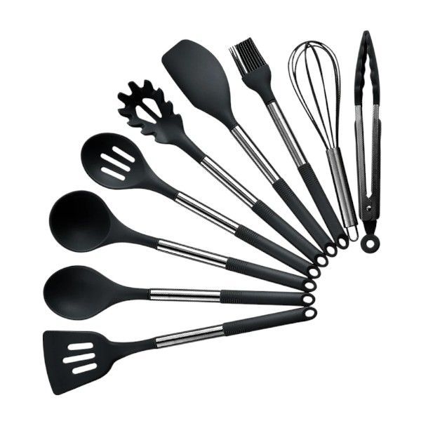 9-Piece Silicone and Stainless Steel Kitchen Utensil Set - Black Handle
