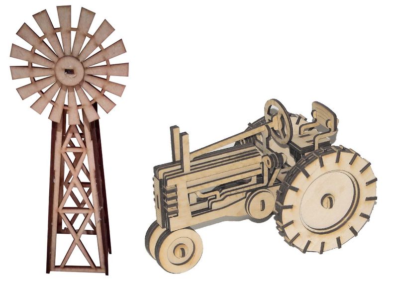 Tractor and Windmill 3D Puzzle wooden 3D Model by Everything Laser