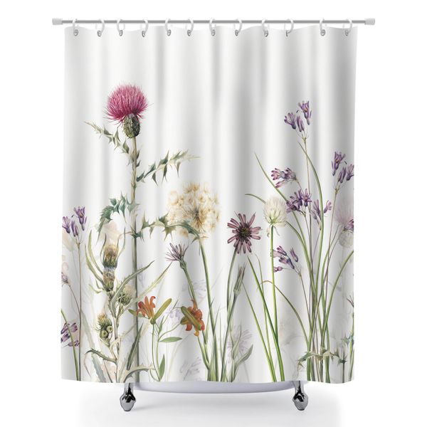 Floral Print Shower Curtain with Grommets, 180x180cm Stylish Bathroom Decor
