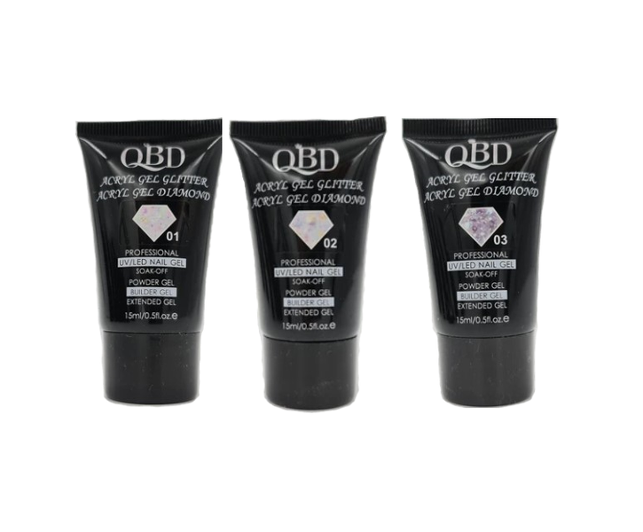 3 Piece QDB Glitter Nail Extension Polygel no. 1,2 &amp; 3 - 15ml