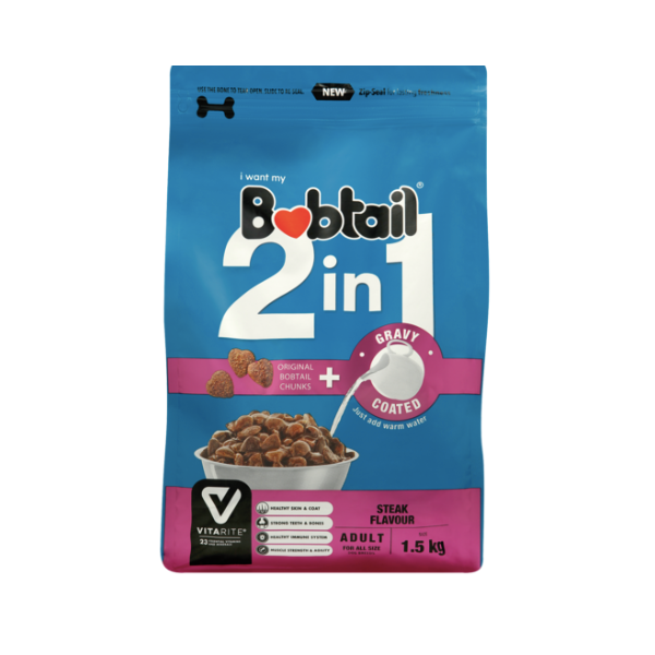 Bobtail- 2-In-1 Steak Flavour Gravy Coated Adult Dog Food 1.5 kg