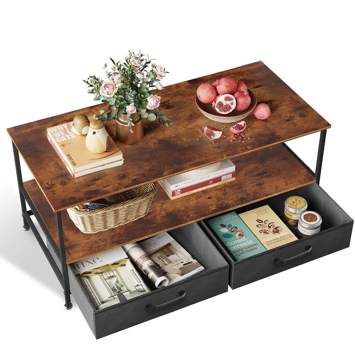 Coffee Table Wood Living Room Center Table with 2 Fabric Bin & 2-Tier Shelf