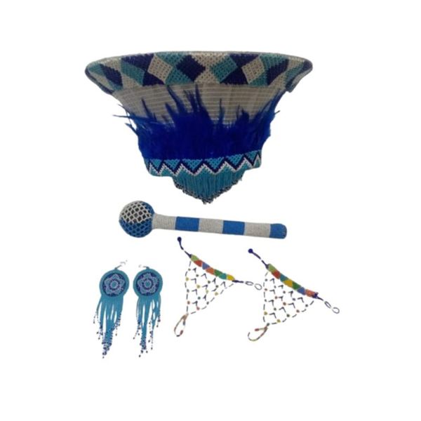 4-Piece Blue &amp; White Zulu Isicholo Hat Set with Beaded Stick &amp; Gloves Women