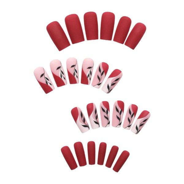 24 Coffin Style Press On Nails With Embellished Leaves Design - Multicolor