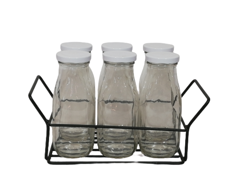 Milk Bottles with Caddy 7 Piece Aqua