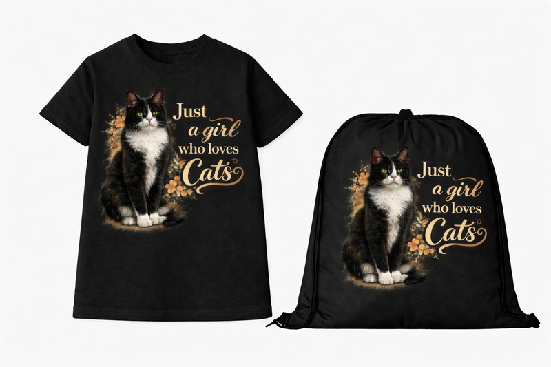 Tuxedo Cat - Just A Girl who Loves Cats Kids Black T-shirt &amp; Drawstring Bag