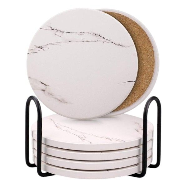 Set of 6 Round White Marble-Style Coasters with Metal Holder Stand - White