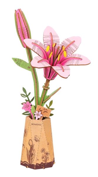 Rowood Robotime Pink Lily - 73 Piece DIY 3D Wooden Flower Puzzle