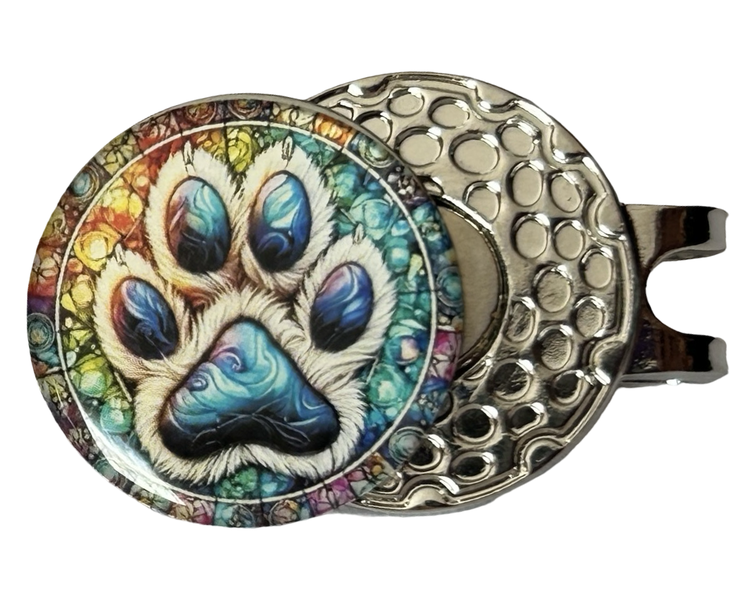 Golf Hat Clip &amp; Removable Ball Marker - Colourful Hearty Paw Print