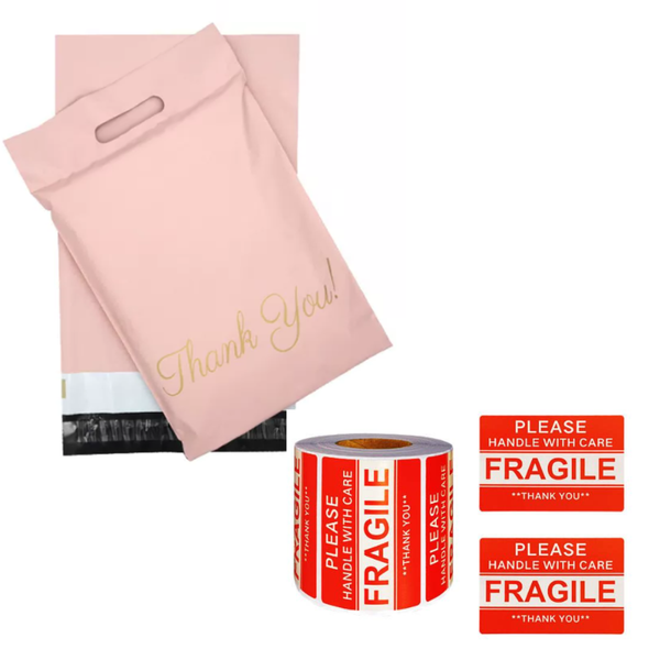 2PK Combo 100 Pink Thank you Polymailer Bags &amp; 500 Fragile Stickers