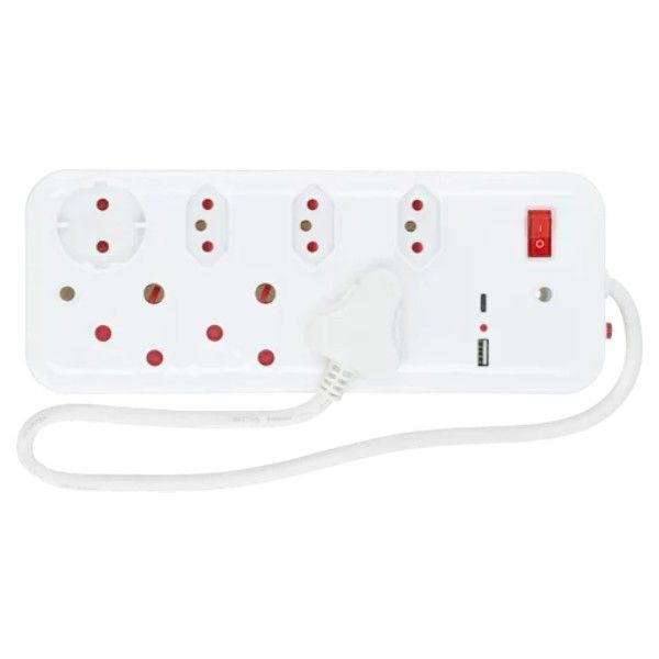 SCE 7-Way Multiplug with Dual (USB / Type C) Charging Ports Type M, Schuko