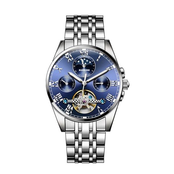 RUIXINE Men'S Mechanical Watch With Moon Phase Function, Roman Numerals