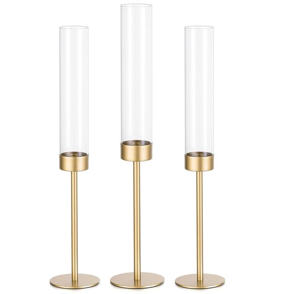 3 Piece Gold Hurricane Candle Holders Tall Brass &amp; Glass Taper Candle Holders