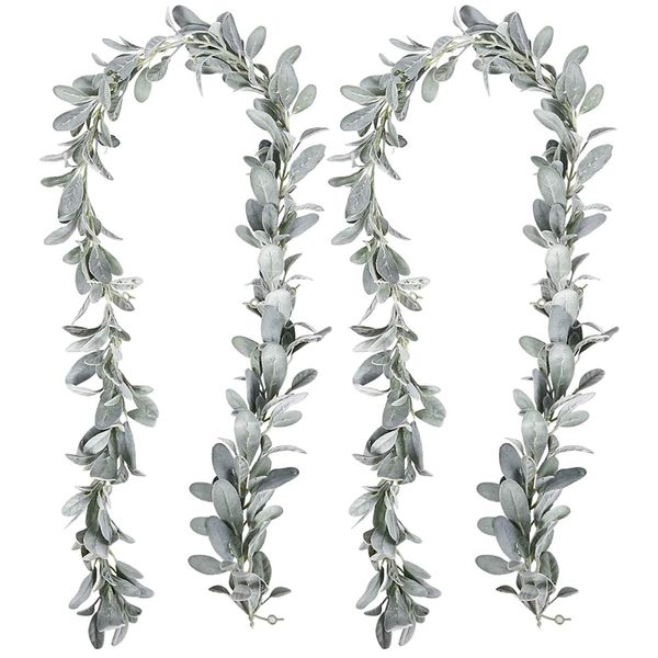 2 Pcs Artificial Flocked Lambs Ear Garland - 6Ft/Piece Faux Leaves