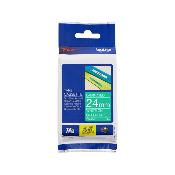 Brother TZe-755 White on Green Laminated Tape 24mm