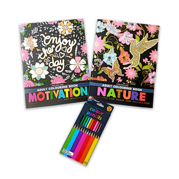 Educat Adult Colouring Books &amp; Pencils Pack 2