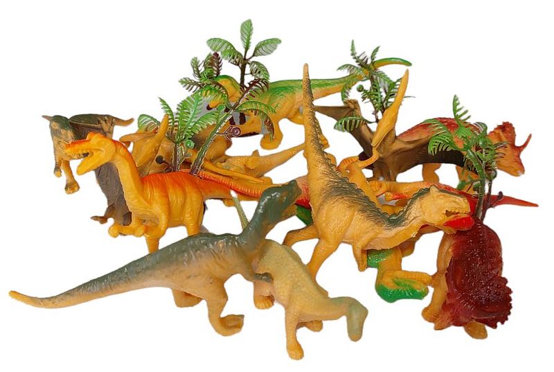 Set of 16 Dinosaurs with 4 Palm Trees - In a Convenient Plastic Container.