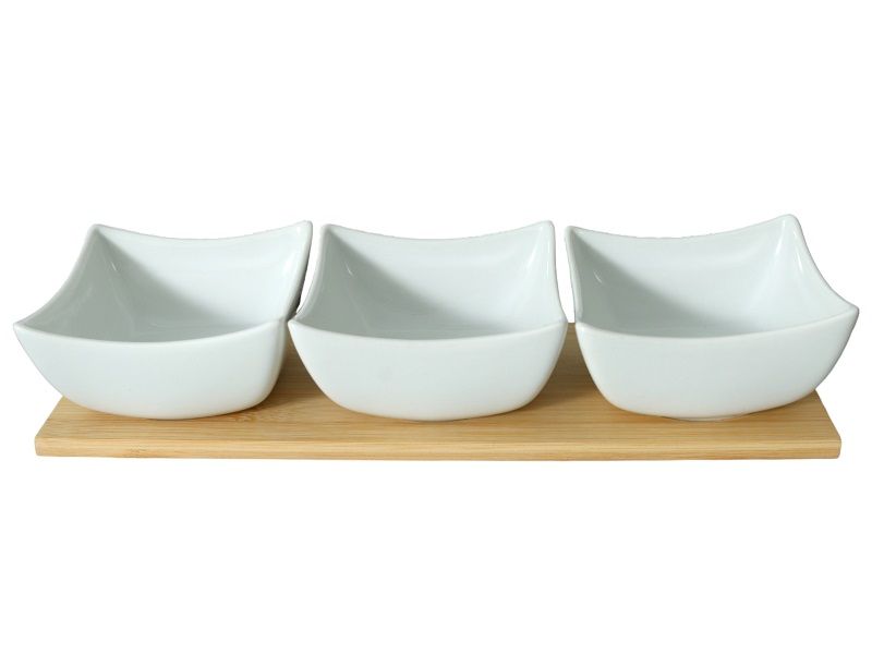 Bamboo Serving Tray with Porcelain Bowls Set
