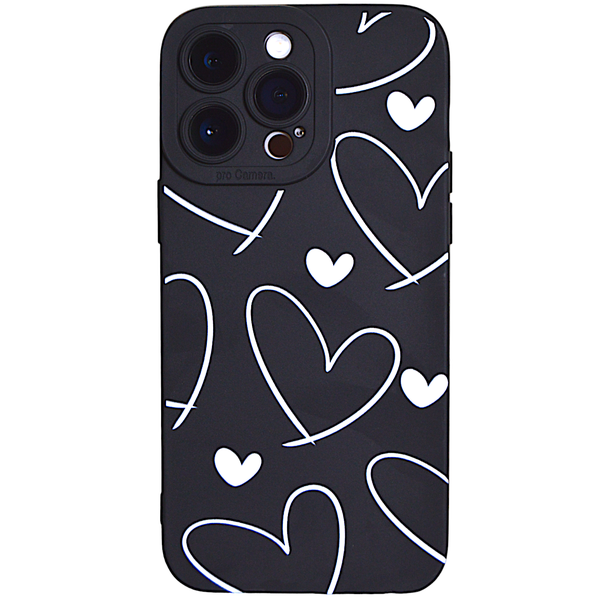 Black - Phone Case - White Heart Print - Pro Camera - Iphone 14 Pro Max