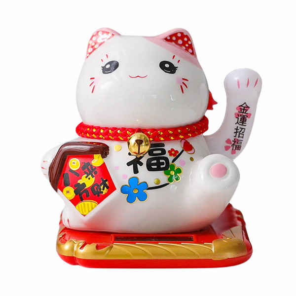 Lucky Money Ceramic Cat Solar Powered Waving Arm Fortune Cat - Wealth