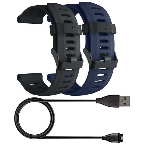 FocusFit Silicone Straps with Charger for Garmin Fenix 5X/6X/7X 26mm - Black &amp; Navy