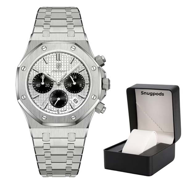 Poedagar Silver Men's Watch - Diamond Face With Black Dials &amp; Watch Box