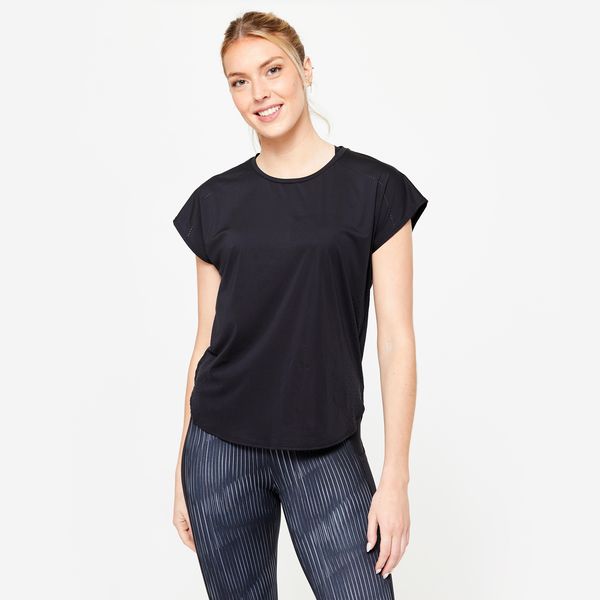Domyos Women's Cardio Training Loose-Fit Laser Cut T-Shirt - Black