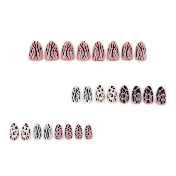 Medium Almond Shaped Zebra Print False Nails Paired With Leopard Print