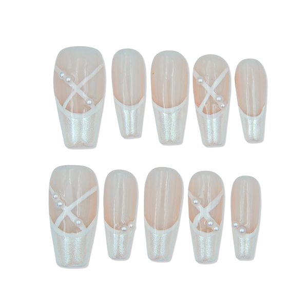 Swan Ballet Coffin Press on Nails - White Tips with Pearls and Blush (S)