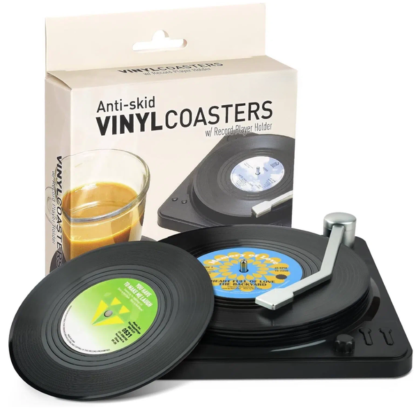 Funny Retro Record Coasters for Drinks with Vinyl Player Holder