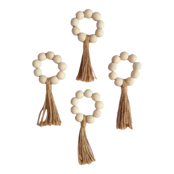 Handmade Wooden Beaded Napkin Rings with Tassels - Set of 4