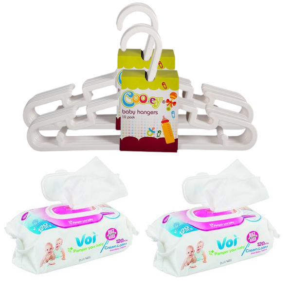 Cooey Baby Hangers Pack 20 + 2x Voi Wet Wipes 120pc 16x19cm