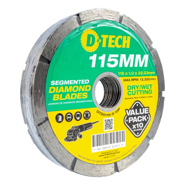 D-Tech Diamond Blade Segmented 115 X 22.23 Brick &amp; Masonry 10Pack