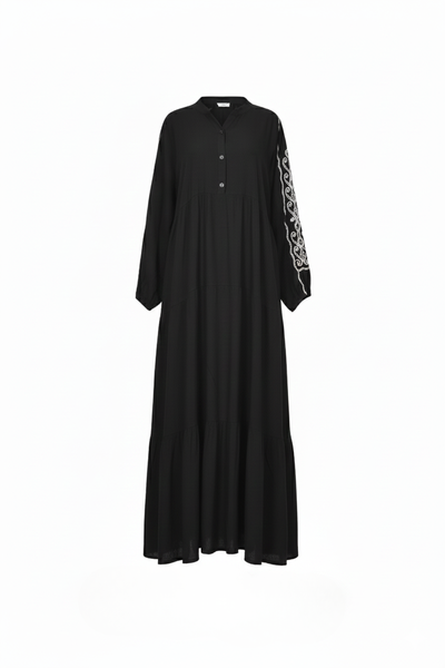 Embroidered Sleeve Button Down Modest Black Viscose Cotton Dress
