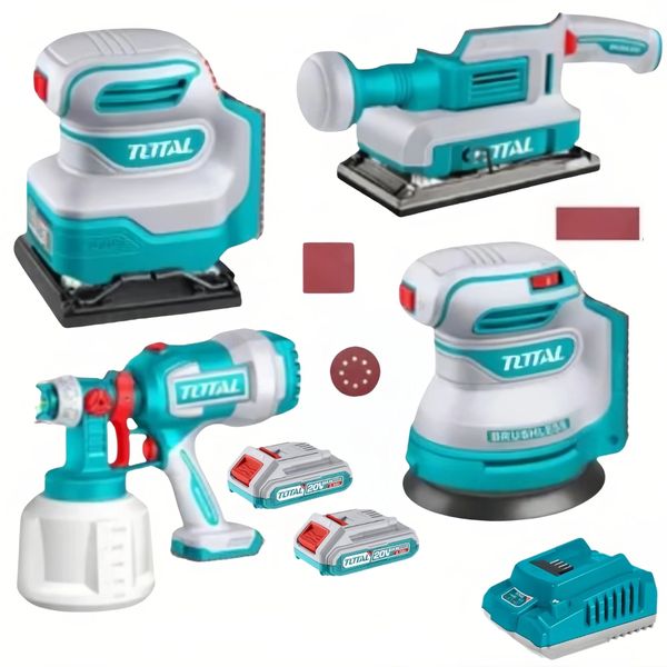 Total Tools - Cordless 3x 20V Sanders, Spray Gun, 2 x Batteries &amp; Charger