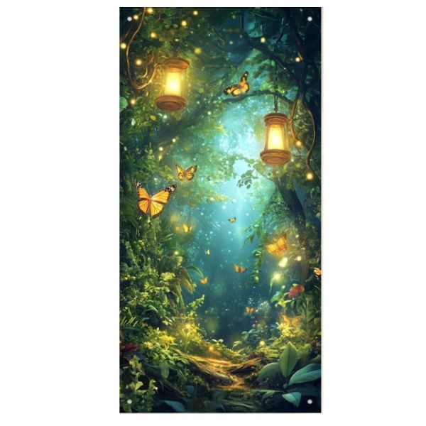 Magic Forest Tree Portal Door Tapestry - Lanterns &amp; Butterflies