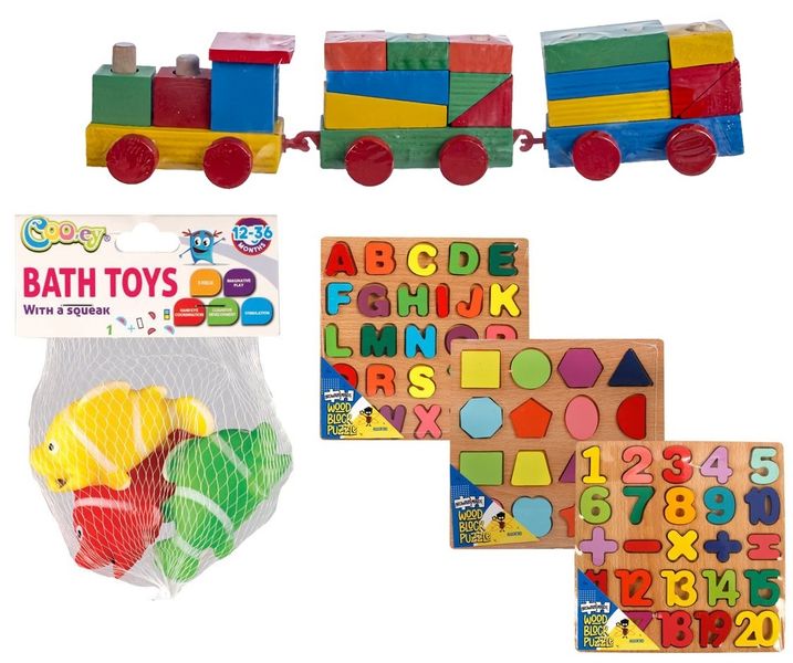 Baby Vinyl Fish Squeak 3 Piece, Wooden Train 34cm &amp; Wood Block Puzzles 20x20cm
