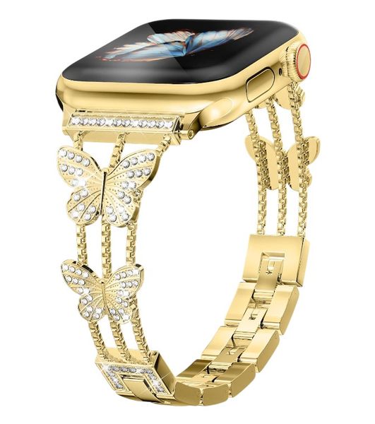 Rhinestone Butterfly Design 38mm Watch Band With Protective Case - Gold