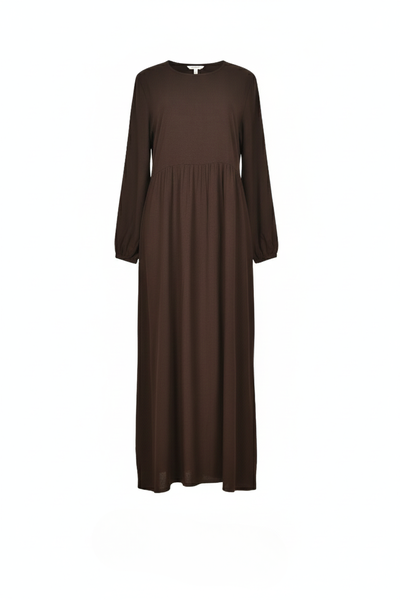 Plain Brown Viscose Cotton Long Sleeve Modest Pleated Dress
