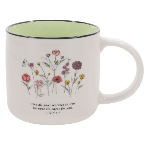 Floral Ceramic Mug - Give All Your Worries to Him , White