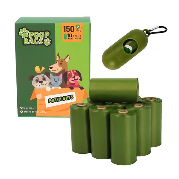 Green Poo Bags for Dog Waste With Dispenser - 10 Rolls 150 Bags