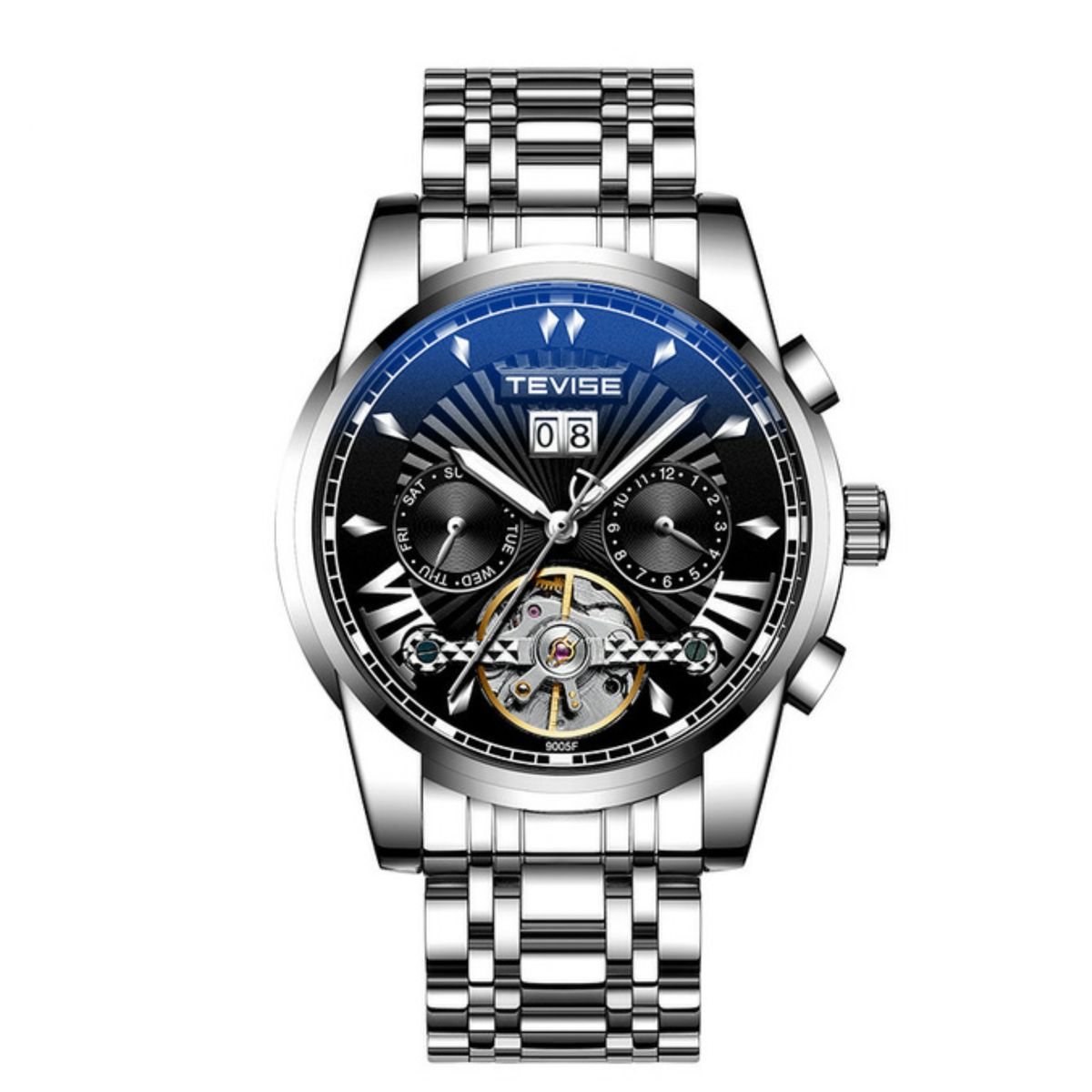 Tevise Luxury Men s Onyx Skeleton Mechanical Watch Silver Black