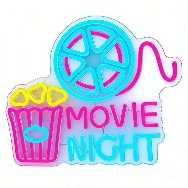 Movie Night With Popcorn Paper Box Neon Sign, Cinema LED Neon Light