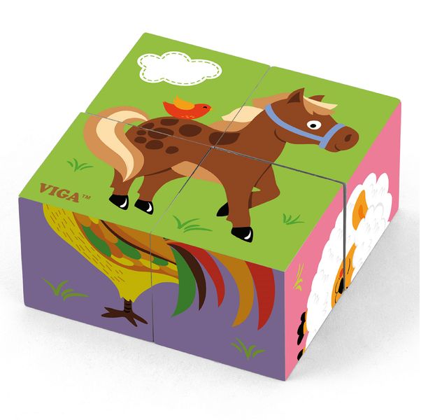 VIGA Six-sided Cube Puzzle Farm Animals (4 Blocks)