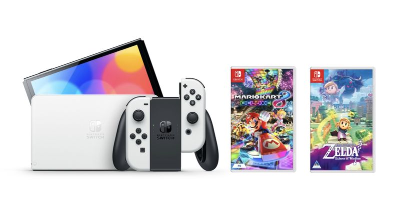 Nintendo Switch OLED with Mario Kart 8 Deluxe and The Legend of Zelda: Echoes of Wisdom