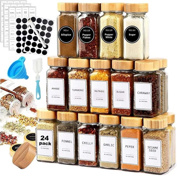 Sulfar 24 Pcs Glass Spice Jars/Bottles, 120ml Empty Square Spice Containers